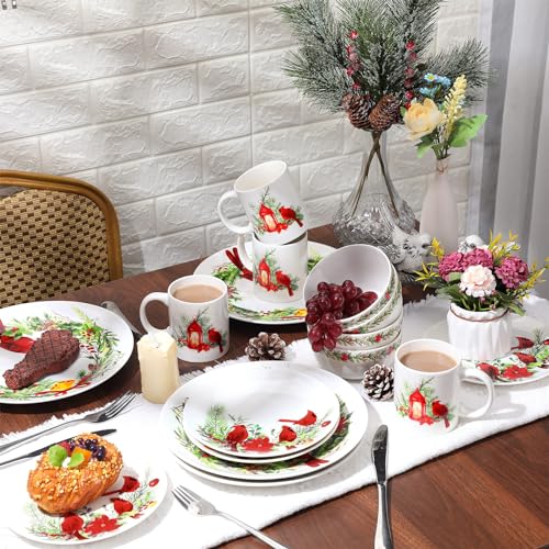 Zhehao 16 Pcs Christmas Cardinal Dinnerware Set Winter's Medley Ceramics Dinnerware Holly and Ivy Dessert Plates Festive Collection Plates Ceramic Bird Bowl Mug for Holiday Dinner Party, Service for 4