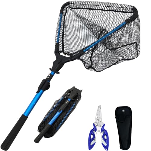 Fishing Net,Foldable Collapsible Telescopic Pole Handle Fish Landing with Fishing Plier,Rubber Coated Floating Fishing Net for Steelhead,Fly,Safe Fish Catching or Releasing with Fish,Extend to73-92CM