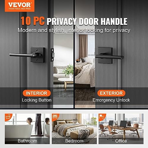 VEVOR Privacy Door Handle, 10 Pack Matte Black Door Lever, Left or Right Handing Reversible Lever with Keyless Lock, 45° Rotation to Open, Square Interior Door Handles for Bedroom and Bathroom Doors