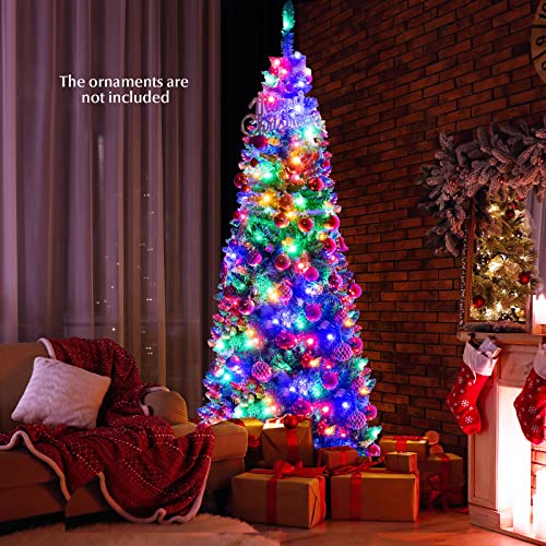 Costway Artificial Pre-lit Christmas Tree, Hinged Fir, Xmas Pencil Tree with Foldable Metal Stand & Superior PVC Leaves, Easy Assembly, Christmas Decoration for Indoor (1.98 M)