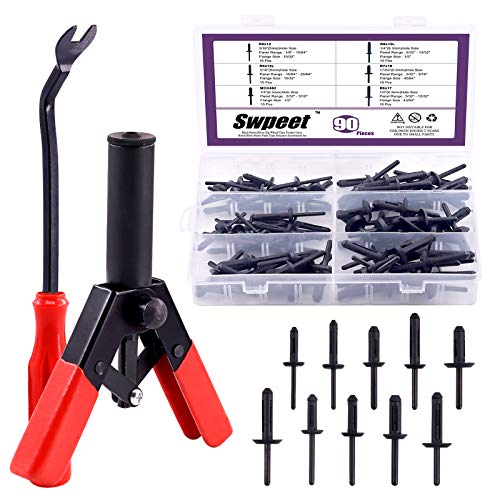 Swpeet 131Pcs Poly Rivet Gun Set with 1Pcs Rivet Removal Tool, 90Pcs Poly Rivet Assortment Kit Tool for All Plastic Rivets Safe Metal or Plastic Clips Removal - Free Fastener Remover Included