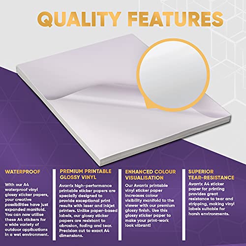 Avarrix Australia Printable Vinyl Sticker Paper for Inkjet Laser Printer, Glossy White, 100 Sheets, Waterproof Label Stickers, Printable Vinyl Sheets, Tear Resistant, Quick Dry Vibrant Colours, A4