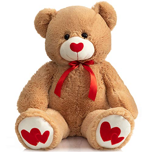 HollyHOME Giant Teddy Bear Stuffed Animal Large Bear Plush with Red Heart for Girlfriend and Kids Valentine's Day 36 inch Tan