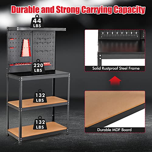 Goplus Workbench with Pegboard, 31.5” x 16” Work Bench for Garage with 2 Open Shelves, 14 Hanging Accessories, 528LBS Capacity, Heavy Duty Steel Tool Bench Work Table for Shop, Home