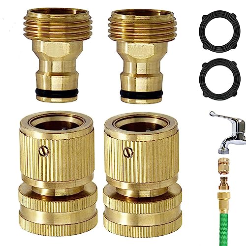 PACIOCEAN 4 Sets Garden Hose Quick Connect，3/4 Inch GHT Solid Brass Male and Female Garden Hose Fittings（European Style),3/4 Inch Male Hose