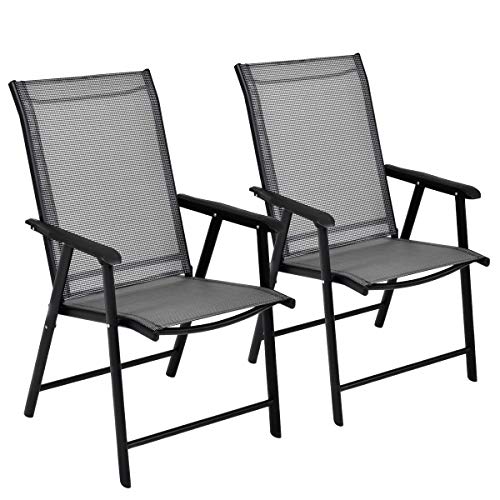 Costway Patio Folding Chair Set of 2, Portable Outdoor Dining Chair with Breathable Fabric, Steel Structure, Foldable Design, 2pcs All-Weather Garden Arm Chair Set, for Deck, Pool Side, Back Yard