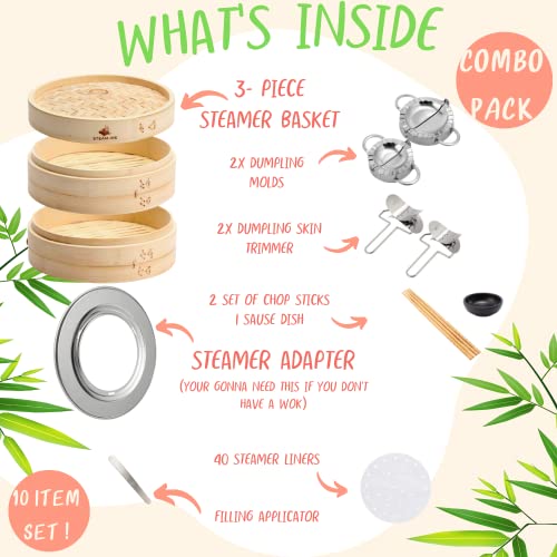 10 Inch Bamboo Steamer Basket with Steamer Ring- Steaming Basket for use as Dumpling Steamer, Bao Steamer, Dim Sum Steamer, Bun Steamer Basket Bamboo- Includes 2 Dumpling Maker Molds, 40 Liners & More