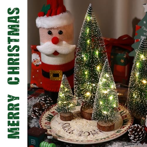 Hatisan 4pcs Mini Christmas Trees with light, Artificial Christmas Tree Bottle Brush Trees with Wooden Base for Christmas Decor Party Home Table Holiday