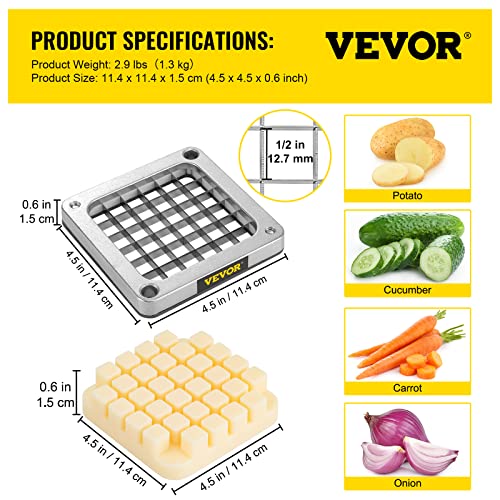 VEVOR Replacement Chopper Blade, 1/2 inch, 3 PCS French Fry Blade Assembly with 6 Extra Knives, Stainless Steel Dicer Parts and Push Block for Cutting Potatoes Carrots Onions Cucumbers Mushrooms