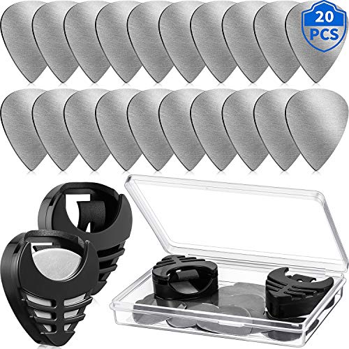 B07YFM4X6X: 20 Pieces Metal Guitar Picks and Guitar Pick Holder 2 Black Stick-on Holders 20 Pieces Guitar Picks 1 Storage Case, Easy to Paste Suitable for Guitar/Electric Guitar/Bass/Ukulele