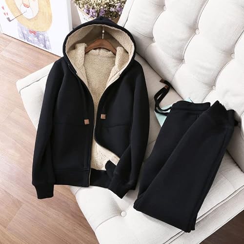 Women's Winter Hoodies Two Piece Set Thick Fleece Liner Tracksuits Pants Clothes Plus Size Loose Coat (Medium, Black)