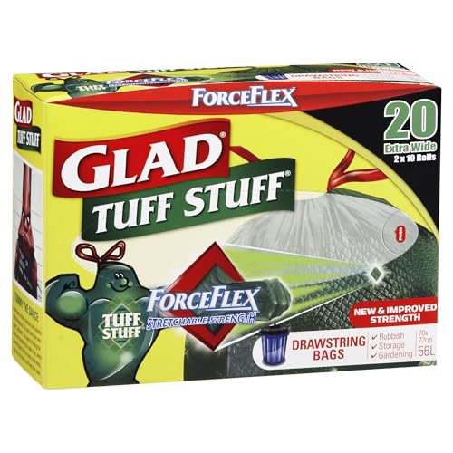 Glad Tuff Stuff Drawstring Trash Bags with ForceFlex Stretchable Strength, Fits 56L Bin, 20 count