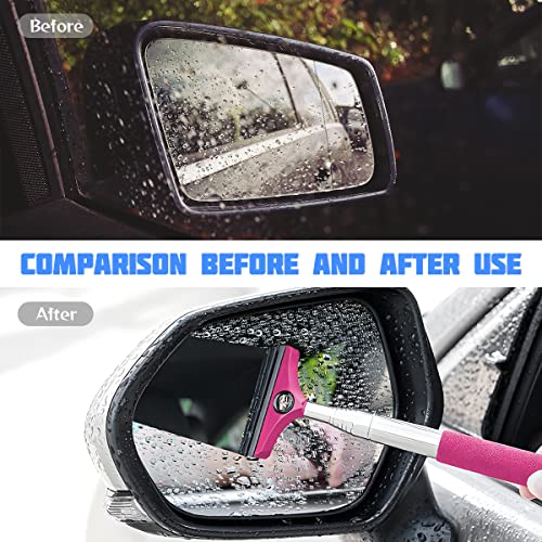 8sanlione Car Rearview Mirror Wiper, American Flag Telescopic Auto Mirror Squeegee Cleaner, Glass Mist Cleaning Tool with Retractable 98cm Handle, Portable Car Windows Water Removal (Pink/Car Logo)