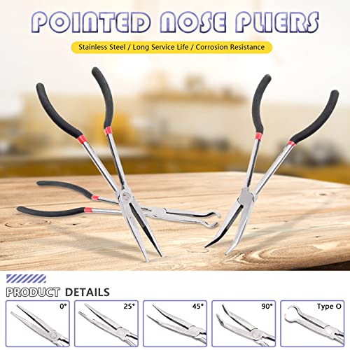 Swpeet 5Pcs Precision 11inch Long Needle Nose Pliers Assortment Kit, Long Reach Pliers Set Wire Plier Repair Tool - Straight, 25, 45, 90-Degree Angle, Long Reach Circle Pliers Perfect for Auto Body