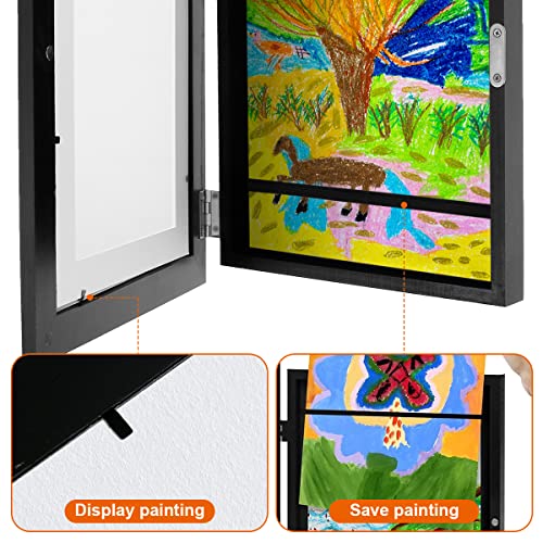 Kids Art Frame with Fixed Strap A4 Child Artwork Picture Frame Front Opening Photo Frame Wood Frame Horizontal and Vertical Formats Hold up to 150 Artworks for Crafts Drawing (Black)