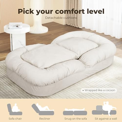 Levede Floor Sofa Lazy Sofa Bed 3-in-1 Convertible Human Dog Bed - Adjustable Floor Couch with 5 Reclining Angles and Detachable Cushions, for Bedroom/Living Room/Balcony(165cm x 95cm x 30cm, Beige)