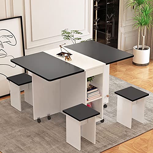 Folding Dining Table Set and Chairs Drop Leaf Rectangular Table with Wheels Modern Home Furniture Multifunctional Black