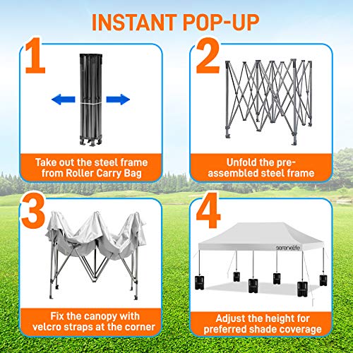 Pop Up Canopy Tent 10x20 - Commercial Instant Shelter Foldable/Collapsible Sun Shade Canopy Pop Up Tent w/Waterproof Tent Top, Portable Carry Bag & Sand Bag - SereneLife SLGZ20W (White)
