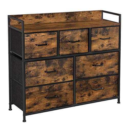 SONGMICS Dresser for Bedroom, Chest of Drawers, Clothes Organizer Storage Unit, 7 Fabric Drawers with Handles, Metal Frame, Rustic Brown and Ink Black ULTS137B01