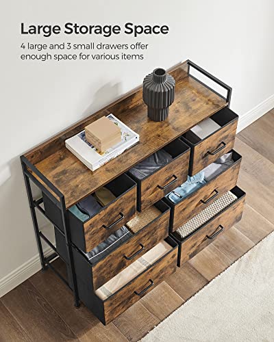 SONGMICS Dresser for Bedroom, Chest of Drawers, Clothes Organizer Storage Unit, 7 Fabric Drawers with Handles, Metal Frame, Rustic Brown and Ink Black ULTS137B01