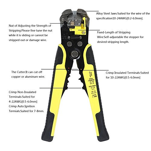 ValueHall Wire Stripper Plier, Self-Adjusting Automatic Wire Stripper Multifunctional Cable Stripping Cutting Peeling Pliers Tool AWG 24-10(0.2~6.0mm²) V7008-1