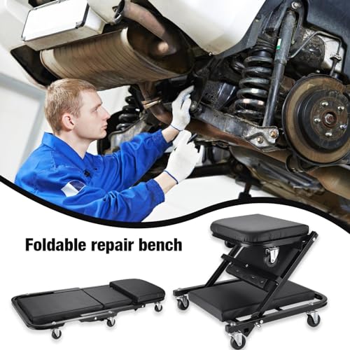 Rolling Tool Creeper, Steel Alloy PU Leather Garage Roll Seat, Easy Mobility Foldable Repair Bench, Reinforcement Screws Mechanic Work Stools for Work Flexible, Automotive Repair, Detailing, Braking