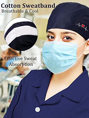 5 Pieces Working Cap with Buttons Unisex Sweatband Adjustable Tie Back Bouffant Hat (Navy Blue)