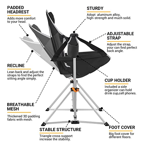 KingCamp Hammock Camping Chair Swinging Rocking Recliner Chair for Backyard Lawn Beach Camp Outside Indoor Adults Portable Lounger Folding Chair Hold Up to 300lbs with Carrying Bag(Black/Grey-2 Pack)