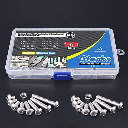 Glarks 150Pcs M5 Stainless Steel Button Head Hex Socket Head Cap Bolts Screws Nuts Assortment Kit
