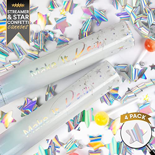 Silver Confetti Poppers 4 Pack | Confetti Cannon Party Poppers Confetti Shooter for Events Birthday Celebration | Bulk Streamer Blaster Cannon Star Launcher | Large Prank Package Gun Tube Stick