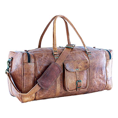 Leather Duffle Bags Large 24 Inch Square Duffel Travel Gym Sports Overnight Weekender Leather Bag for Men and Women by KPL