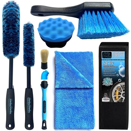 Sudz Budz® Deluxe Wheel Cleaning Set of 6 | No-Scratch, Bendable, Rim Washing Brushes Long/Short, Car Detailing and Tyre Brush, Shine Applicator, Plush Drying Towel. Easy Reach Kit to Detail Wheels