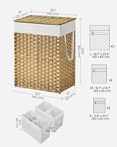 SONGMICS Laundry Basket with Lid, 90L Washing Basket 2 Compartments, Removable Liners with Handles, Handwoven Synthetic Rattan, for Bedroom, Bathroom, Laundry Room, 33x 46 x 60 cm, Natural LCB251N01V1