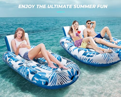 JCLEAL Pool Floats Adult 2 Person Inflatable Tanning Pool Lounger Extra Large River Rafts Heavy duty Water Floaties Chair Lounge Recliner with Cupholder Backrest Handles Swimming Toys Party Lake Ocean