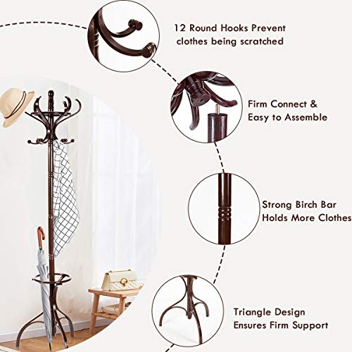 Wooden Coat Rack, Coat Stand w/ Umbrella Holder & 12 Hooks, 360°Rotating Top Tier, Sturdy Triangle Construction, Hat & Clothes Storage, Coat Hanger Tree for Entryway Living Room, 180CM (Red-Brown)