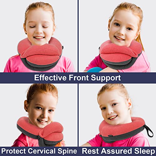 BUYUE Kids Travel Pillows for Airplane, 360° Head Support Sleeping Essentials for Boys Long Flight, Skin-Friendly Soft Neck Pillow for Traveling in Car Seat, Small, Pink Grey