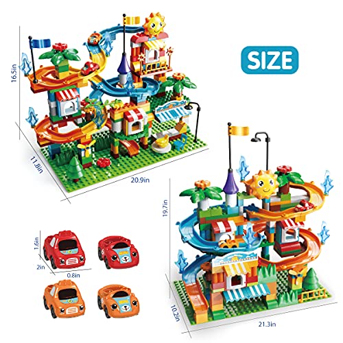 REMOKING Building Blocks Marble Run, Educational Compatible Blocks Models with 4 Cars, Learning Car Track Contruction Toys Set, Great Gifts for Kids 3 Years and up（213Pcs）