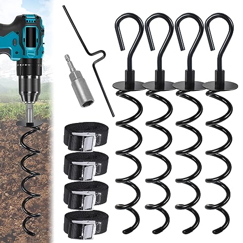 MaxEarn 10Pcs Heavy Duty Trampoline Ground Anchor Pegs Tie Down Kit, Steel Spiral Ground Anchors with 4 Straps, Drill Bit Adapter and Puller Tool, Metal Swing Anchor for Garden Shed, Tent