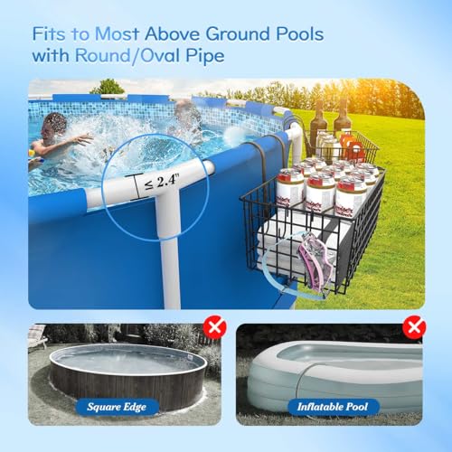 【2 Sets】【60lb】Poolside Storage Basket, Above Ground Pool Accessories, Metal Swimming Pool Storage organizer with Pool Cup Holder, Pool Must Haves 2024 Upgrade, Fits Steel Round or Frame Above Pools