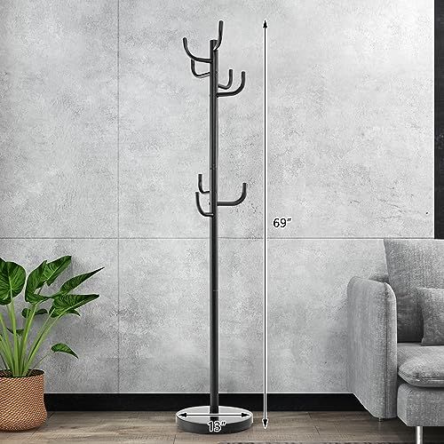 Tangkula Coat Rack Freestanding, Heavy Duty Metal Coat Tree with 8 Hooks, Coat Hanger Stand with 13-inch Enlarged Base, Standing Hall Tree, Home Entryway Hat Jacket Hanger for Scarf, Bag, Umbrella