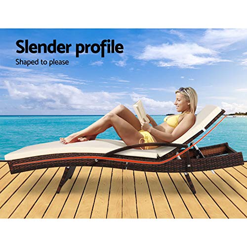 Gardeon Sun Lounge Camping Chair Wicker Lounger Rattan Day Bed, Chaise Beach Chairs Outdoor Furniture Garden Patio Setting Pool Backyard, Cushion Armrest Adjustable Backrest Brown