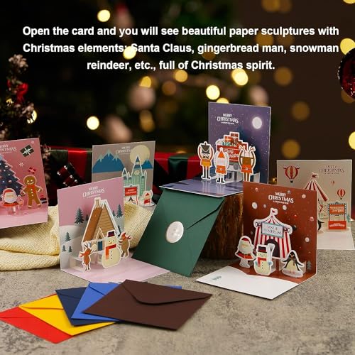 3D Christmas Cards, 6PCS Pop Up Christmas Cards with Envelopes Merry Xmas Season Greetings Cards Merry Christmas Card for Holiday Postcards Christmas Day Gifts