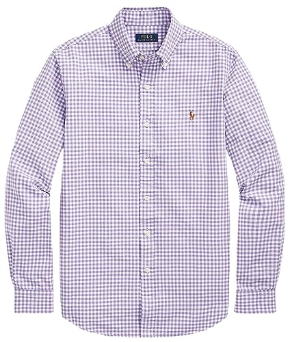 Polo Ralph Lauren Men's Classic Long Sleeve Oxford Shirt, (Spring/Summer 2023) Purple/White Checkerd, Medium