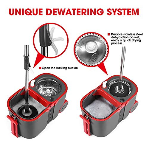 360° Spin Mop Bucket Set Rotating Mop 4 Microfiber Mop Heads Bucket with Wheels Dark Grey & Red Rotating Wet Dry Cleaning Tools