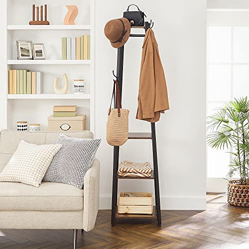 VASAGLE ALINRU Coat Rack with 3 Shelves, Stand with Hooks for Scarves, Bags and Umbrellas, Steel Frame, Industrial Style, Rustic Brown and Black ULCR80X