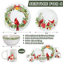 Zhehao 16 Pcs Christmas Cardinal Dinnerware Set Winter's Medley Ceramics Dinnerware Holly and Ivy Dessert Plates Festive Collection Plates Ceramic Bird Bowl Mug for Holiday Dinner Party, Service for 4