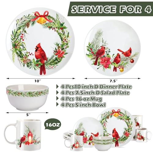 Zhehao 16 Pcs Christmas Cardinal Dinnerware Set Winter's Medley Ceramics Dinnerware Holly and Ivy Dessert Plates Festive Collection Plates Ceramic Bird Bowl Mug for Holiday Dinner Party, Service for 4