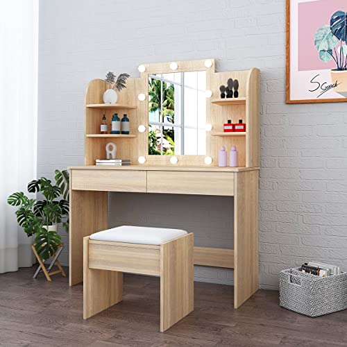 Luxsuite Dressing Table with Stool & Led Light Mirrored Makeup Table Lighting Vanity Table Set with 2 Drawers Bedroom Furniture Oak