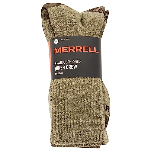 MERRELL Men's 3 Pack Performance Cushion Hiker Crew Hiking Socks, Olive Assorted, Medium-Large US