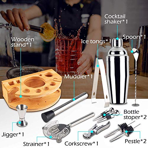 BRITOR Cocktail Shaker Set Bartender Kit,Cocktail Set with Bamboo Stand 12 Piece Bartending Tools 25 oz Professional Stainless Steel Martini Shaker with Cocktail Recipes Booklet